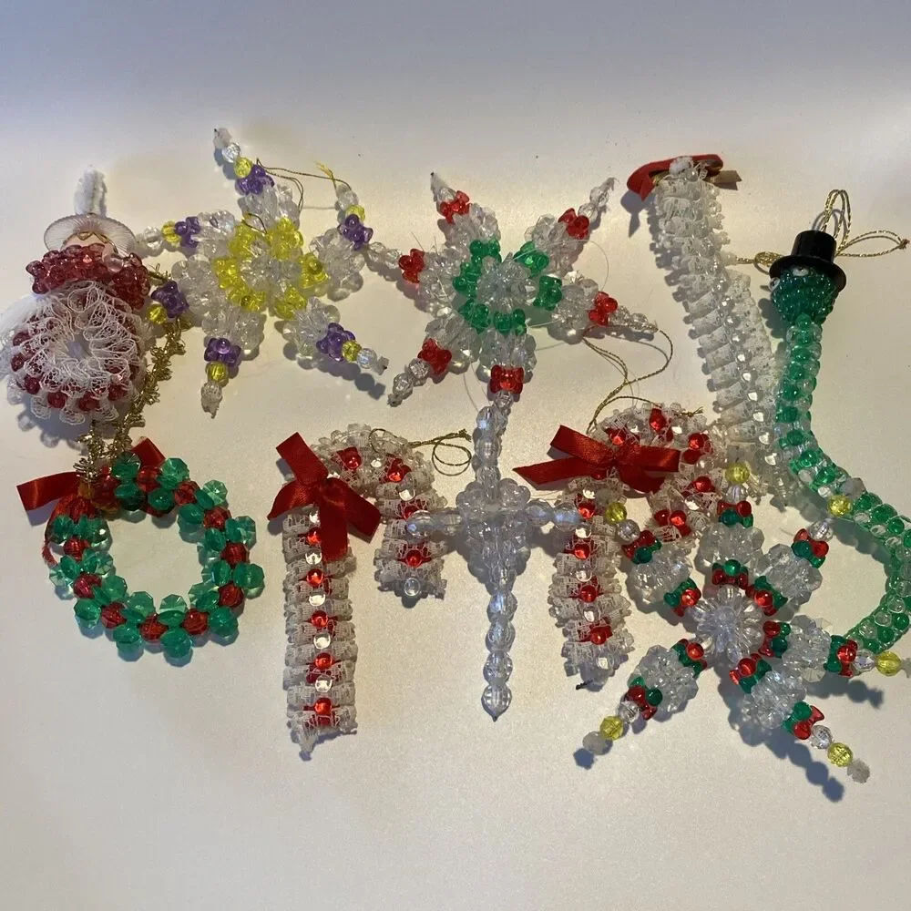 10 Vintage Handmade Plastic Beaded Wire Christmas Ornament Lot Angel Snowflake